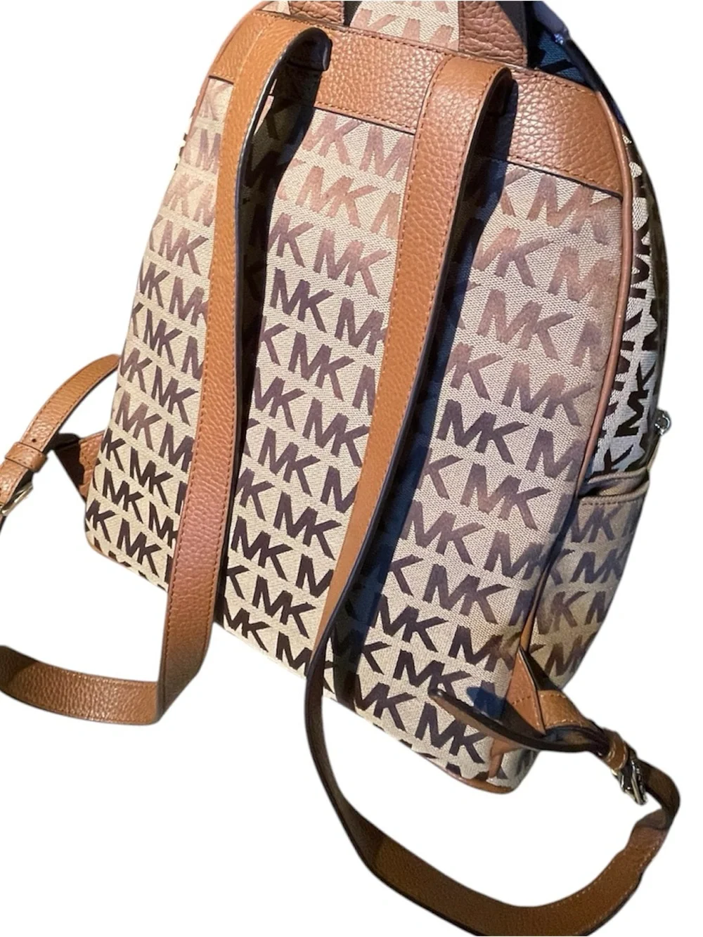 Michael Kors Signature Monogram Logo Canvas Medium Backpack Brown And Tan Gold
